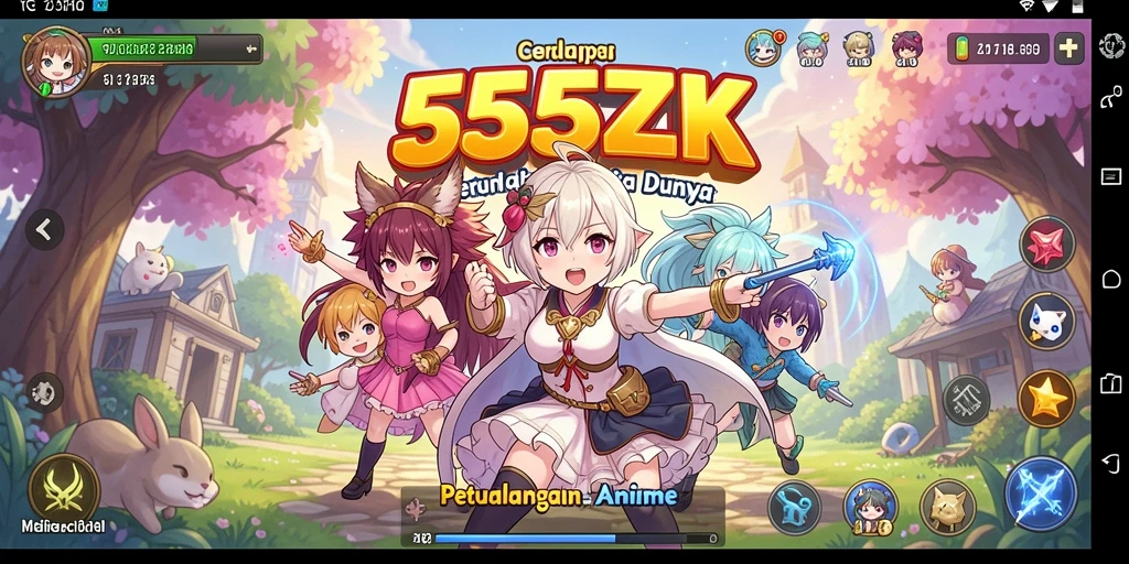 Skrinsut utama 555ZK menampilkan karakter anime dalam pertempuran epik.
