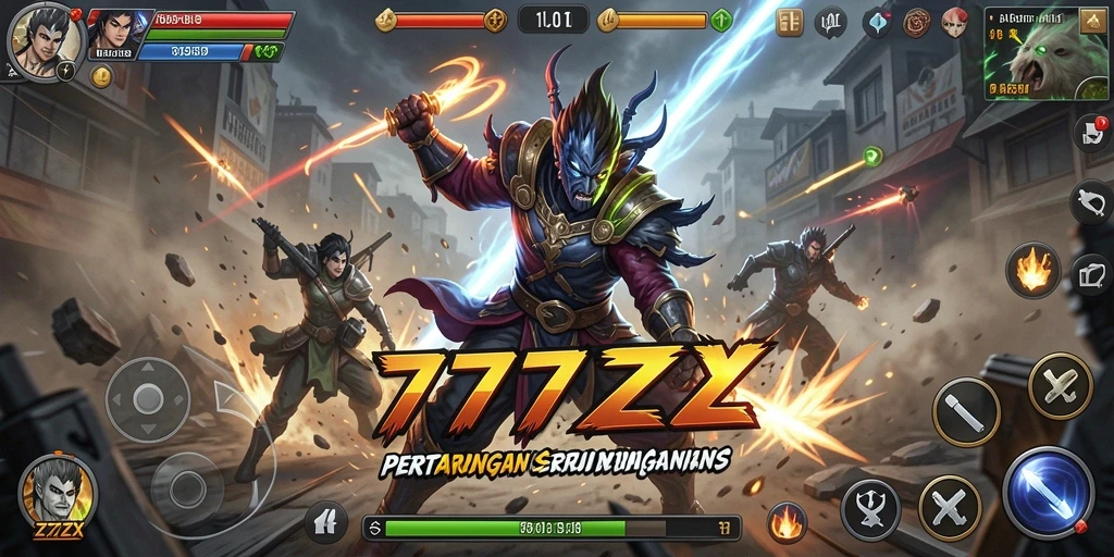 Screenshot pertarungan intens dalam 777ZX dengan karakter yang beraksi.