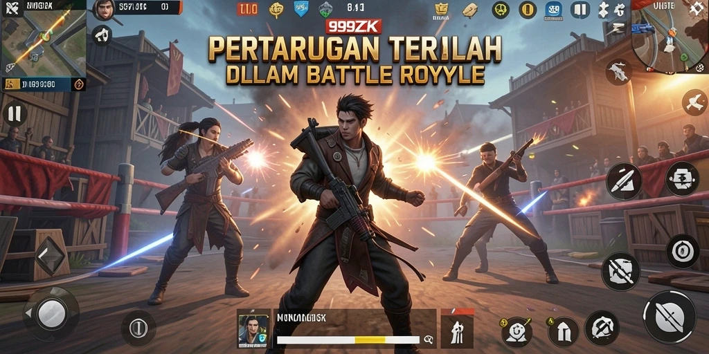 Tangkapan layar 999ZK menunjukkan aksi pertempuran yang seru di arena Battle Royale.
