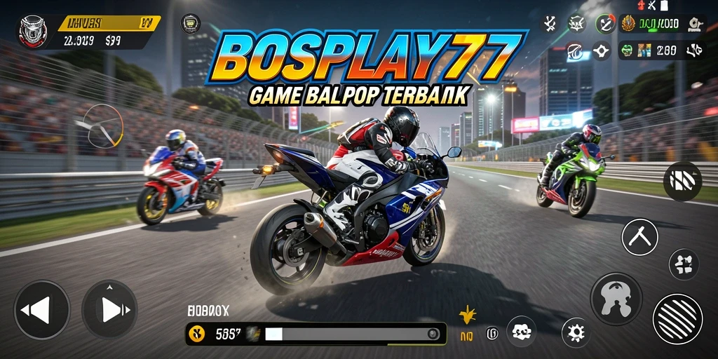 Tampilan gameplay mendebarkan BOSPLAY77 dengan balapan motor yang seru.