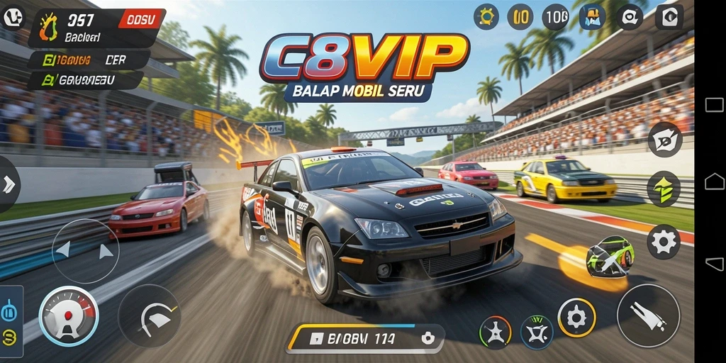Tampilan aksi seru dari gameplay balapan mobil di C8VIP.