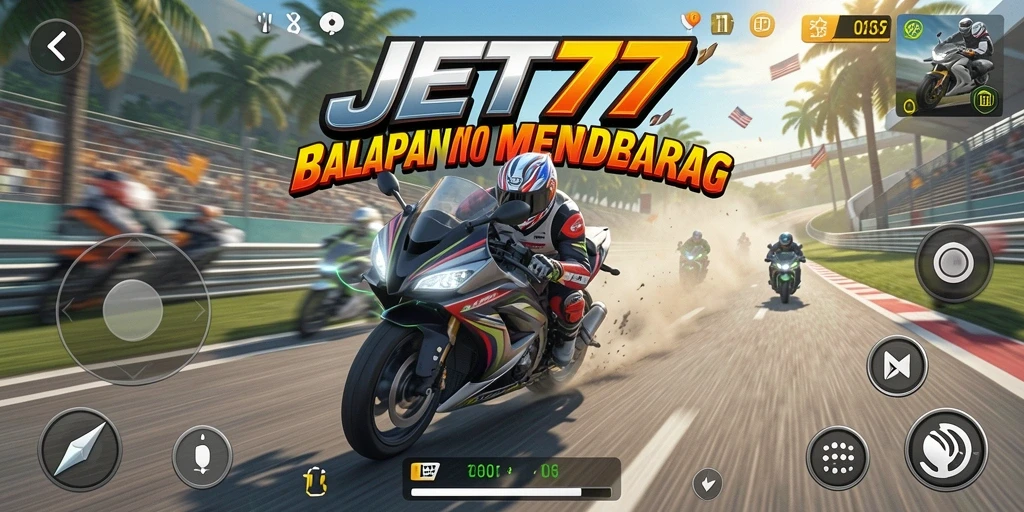 Screenshot JET77 menunjukkan aksi balapan motor yang intens dan mendebarkan.
