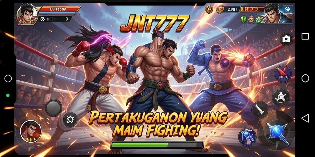 Screenshot utama JNT777 menampilkan karakter bertarung di arena megah.