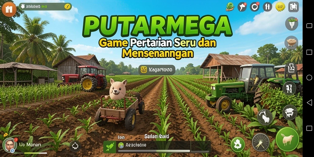 Screenshot gameplay PUTARMEGA menunjukkan lahan pertanian yang subur dan tanaman yang beragam.
