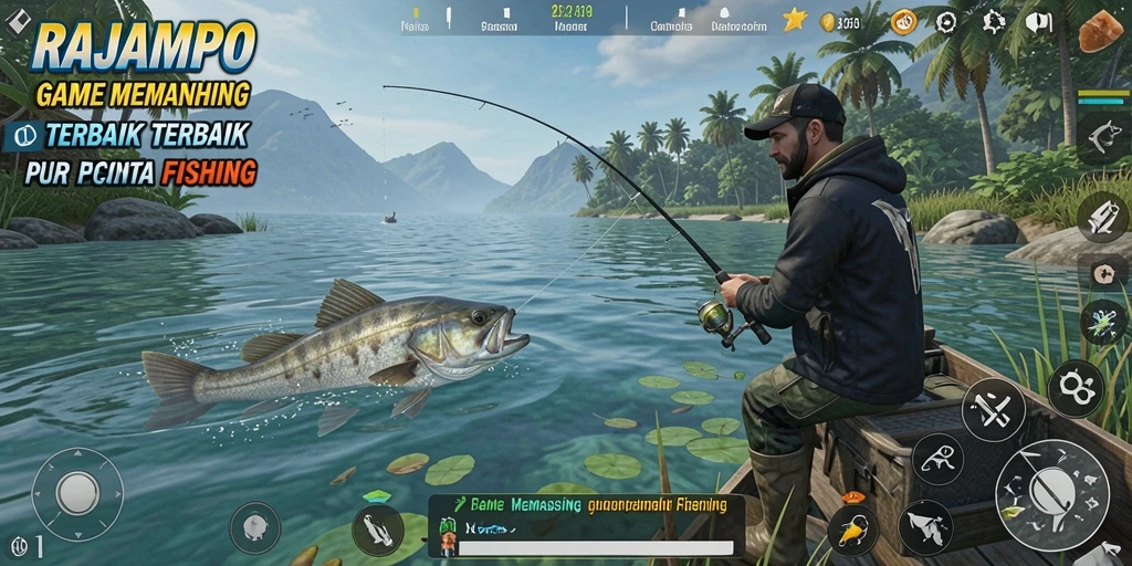 Tampilan gameplay RAJAMPO dengan suasana memancing yang menakjubkan.