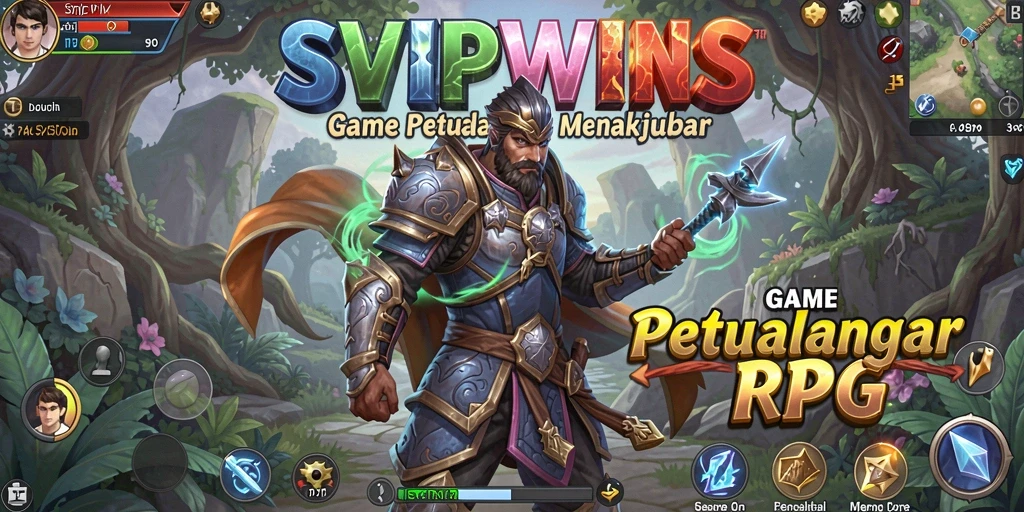Screenshot utama SVIPWINS menampilkan pertarungan epik di dunia fantasi.