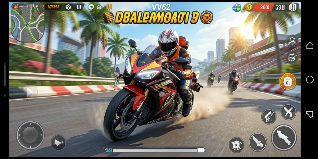 Tampilan gameplay seru dalam balapan motor VV62.