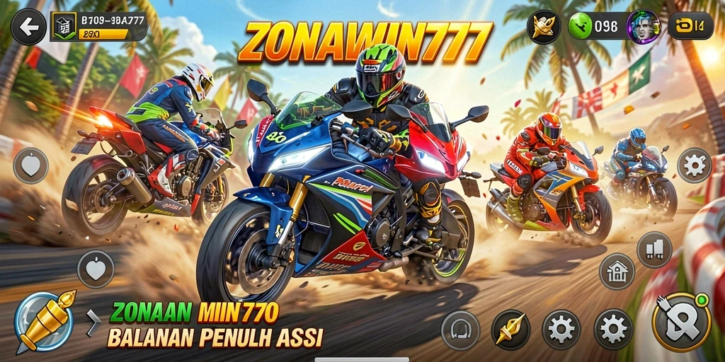 Tampilan gameplay ZONAWIN777 yang mendebarkan dan penuh aksi balapan motor.